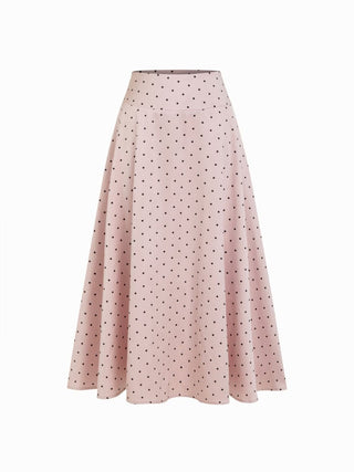 Satin Mid Rise Polka Dot Flared Maxi Skirt