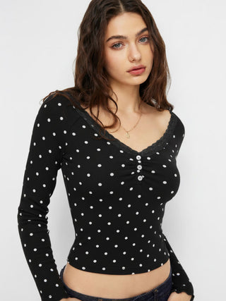 Thermal Cotton-blend V-neck Long Sleeve Lace Trim Ruched Tee