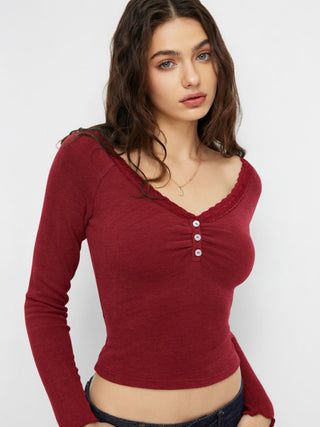 Thermal Cotton-blend V-neck Long Sleeve Lace Trim Ruched Tee
