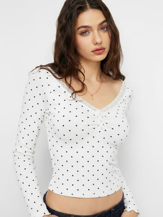 Thermal Cotton-blend V-neck Long Sleeve Lace Trim Ruched Tee