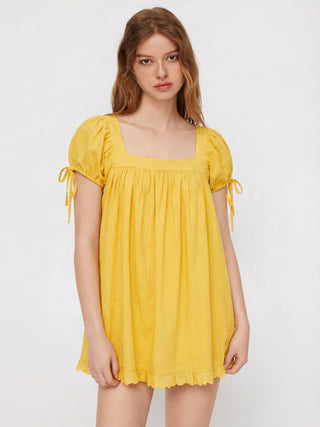Square Neck Solid Ruffle Knotted Short Sleeve Blouse