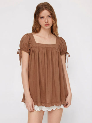Square Neck Solid Ruffle Knotted Short Sleeve Blouse