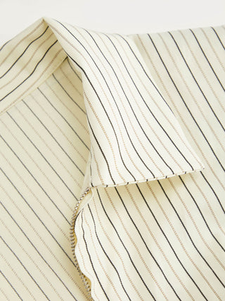 Woven Cotton-blend Stripes Collar Zip Front Short Sleeve Blouse For Daily Casual Work