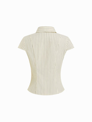 Woven Cotton-blend Stripes Collar Zip Front Short Sleeve Blouse For Daily Casual Work