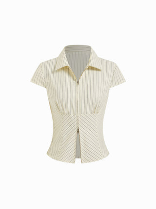 Woven Cotton-blend Stripes Collar Zip Front Short Sleeve Blouse For Daily Casual Work