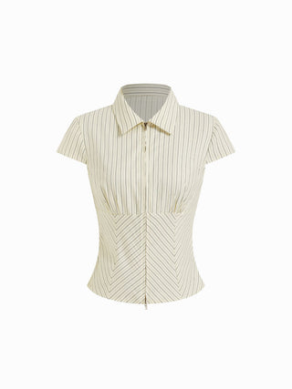 Woven Cotton-blend Stripes Collar Zip Front Short Sleeve Blouse For Daily Casual Work