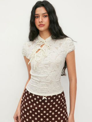 Lace Floral Stand Collar Bowknot Short Sleeve Top