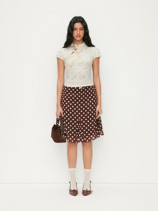 Lace Floral Stand Collar Bowknot Short Sleeve Top