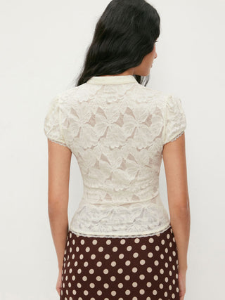 Lace Floral Stand Collar Bowknot Short Sleeve Top