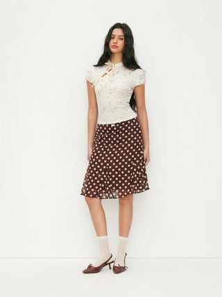 Lace Floral Stand Collar Bowknot Short Sleeve Top