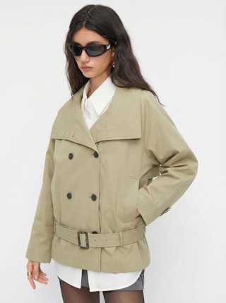 Multi-way Cotton Funnel Neck Double Breasted Oversized Windbreaker With Belt