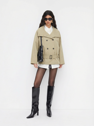 Multi-way Cotton Funnel Neck Double Breasted Oversized Windbreaker With Belt