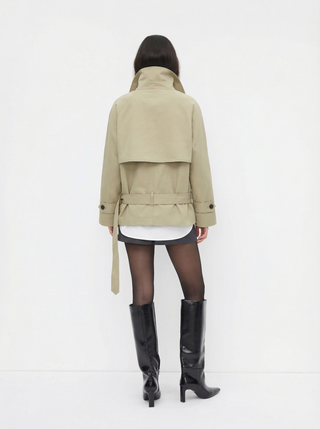 Multi-way Cotton Funnel Neck Double Breasted Oversized Windbreaker With Belt