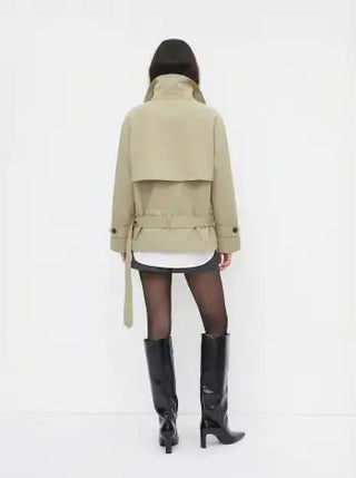 Multi-way Cotton Funnel Neck Double Breasted Oversized Windbreaker With Belt