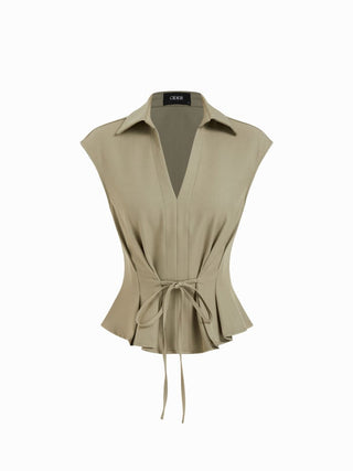 V-Neck Ruched Ruffled Tie Front Blouse