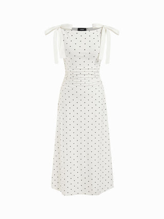 Cotton-blend Boat Neck Polka Dot Bowknot Midi Dress