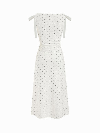 Cotton-blend Boat Neck Polka Dot Bowknot Midi Dress