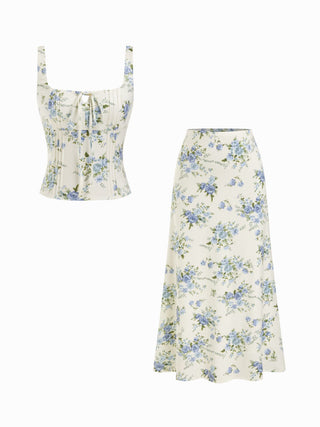 Floral Square Neck Drawstring Tank Top & Mid Rise Maxi Skirt Set