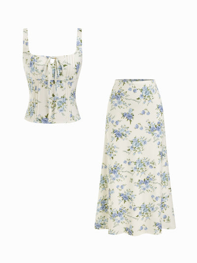 Floral Square Neck Drawstring Tank Top & Mid Rise Maxi Skirt Set