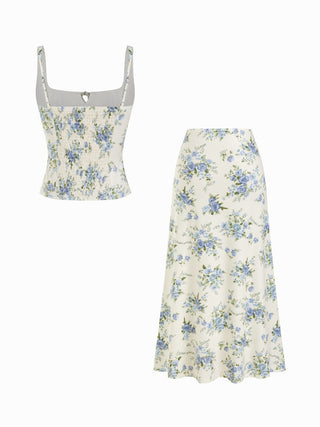 Floral Square Neck Drawstring Tank Top & Mid Rise Maxi Skirt Set