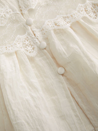 Round Neckline Lace Beaded Puff Sleeve Blouse
