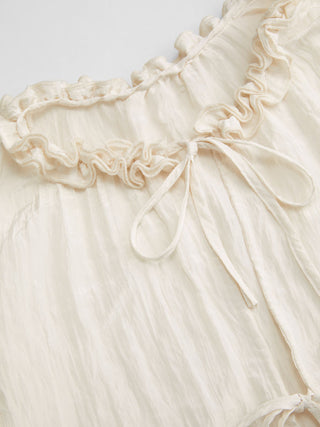 Round Neckline Lace Beaded Puff Sleeve Blouse
