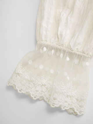 Round Neckline Lace Beaded Puff Sleeve Blouse