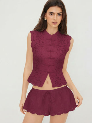 Lace Mandarin Collar Guipure Split Tank Top