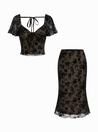 Mesh Sweetheart Floral Lace Ruffled Top & Lettuce Trim Mermaid Maxi Skirt Set