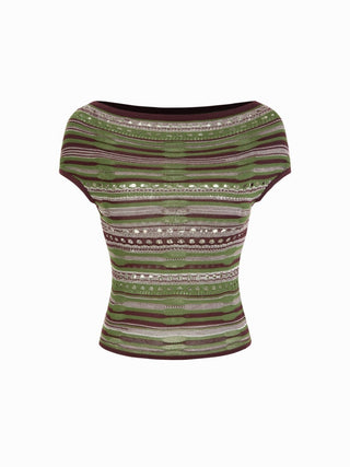 Knit Striped Pointelle Off-Shoulder Short Sleeve Top