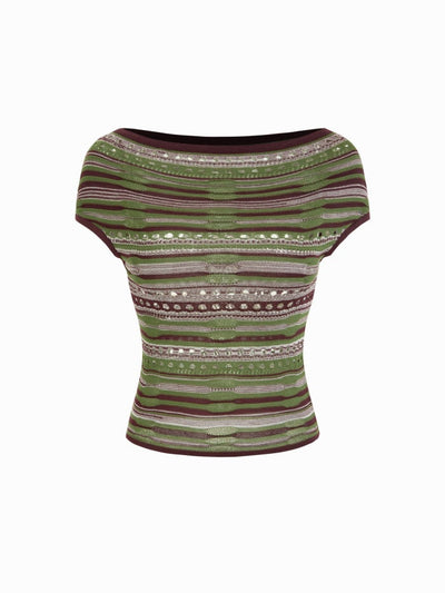 Knit Striped Pointelle Off-Shoulder Short Sleeve Top