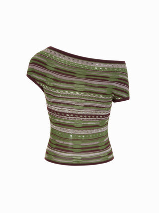 Knit Striped Pointelle Off-Shoulder Short Sleeve Top