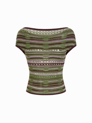 Knit Striped Pointelle Off-Shoulder Short Sleeve Top