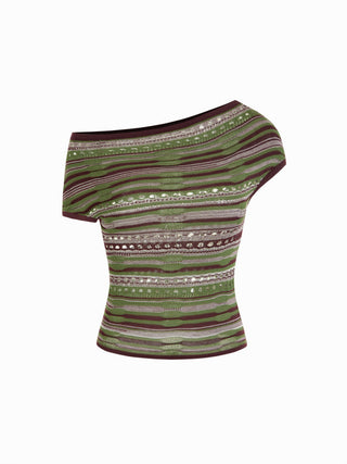 Knit Striped Pointelle Off-Shoulder Short Sleeve Top