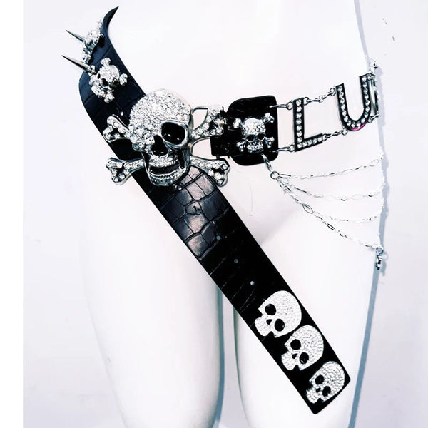 Skull applique metal chain belt  | Festival Outfits Women