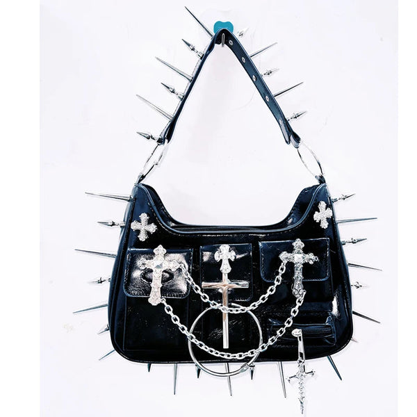 Cross applique rivet zip-up handbag  | Festival Outfits Women