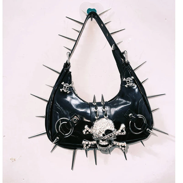 Skull applique PU leather rivet handbag  | Festival Outfits Women