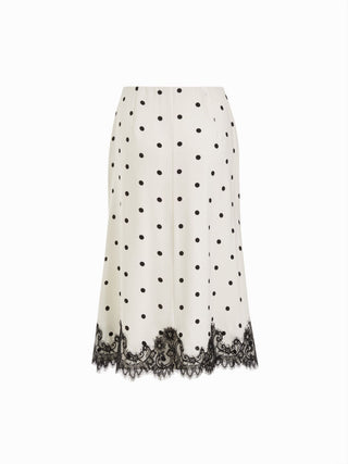 Satin Mid Rise Polka Dot Lace Trim A-line Midi Skirt