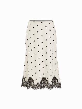 Satin Mid Rise Polka Dot Lace Trim A-line Midi Skirt