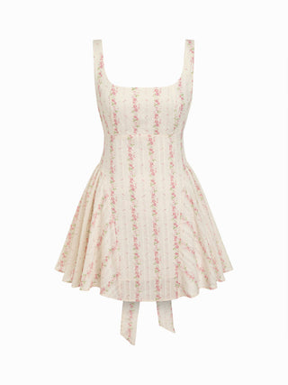 Woven Cotton Floral Square Neck Bowknot A-line Mini Dress  For Daily Casual Date