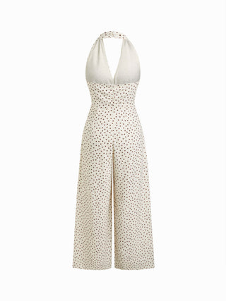 Halter Neckline Polka Dot Ruched Metal Detail Wide Leg Jumpsuit