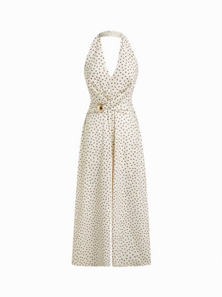 Halter Neckline Polka Dot Ruched Metal Detail Wide Leg Jumpsuit