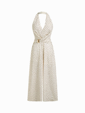 Halter Neckline Polka Dot Ruched Metal Detail Wide Leg Jumpsuit
