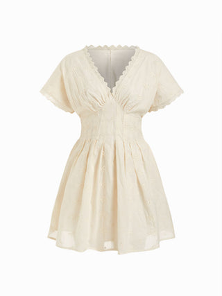 Cotton V-neck Batwing Sleeve Eyelet Flared Mini Dress