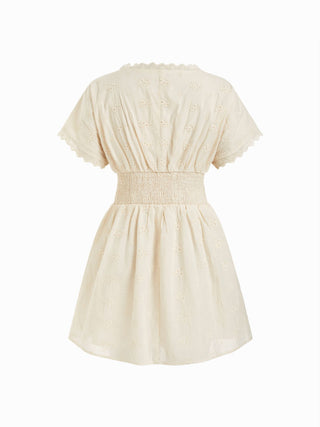Cotton V-neck Batwing Sleeve Eyelet Flared Mini Dress