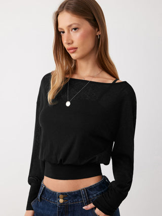 Knit Fabric Cotton-blend Textured Asymmetrical Neck Lantern Sleeve Oversized Top & Cami Top For Daily Casual