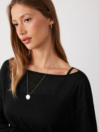Knit Fabric Cotton-blend Textured Asymmetrical Neck Lantern Sleeve Oversized Top & Cami Top For Daily Casual