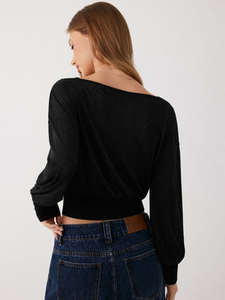 Knit Fabric Cotton-blend Textured Asymmetrical Neck Lantern Sleeve Oversized Top & Cami Top For Daily Casual