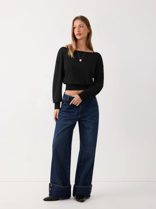 Knit Fabric Cotton-blend Textured Asymmetrical Neck Lantern Sleeve Oversized Top & Cami Top For Daily Casual