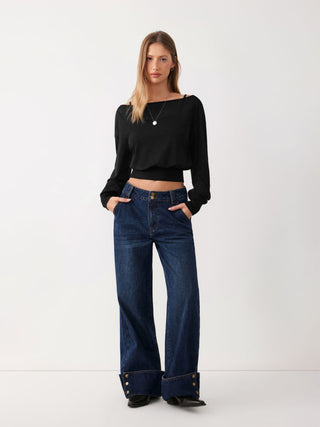 Knit Fabric Cotton-blend Textured Asymmetrical Neck Lantern Sleeve Oversized Top & Cami Top For Daily Casual